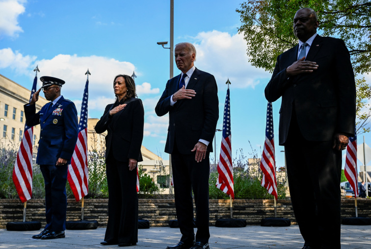 U.S. President Joe Biden, Democratic presidential nominee and Vice President Kamala Harris and U.S. Defense Secretary Lloyd Austin attend a wreath-laying ceremony marking the 23rd anniversary of the September 11, 2001 attacks on the United States, at the Pentagon in Washington, U.S., September 11, 2024. REUTERS/Craig Hudson