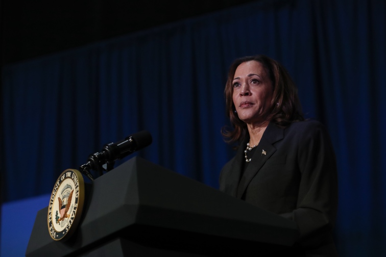 US Vice President Kamala Harris makes remarks before a moderated conversation with former Trump administration national security official Olivia Troye and former Republican voter Amanda Stratton on July 17, 2024 in Kalamazoo, Michigan. (Chris duMond/Getty Images)